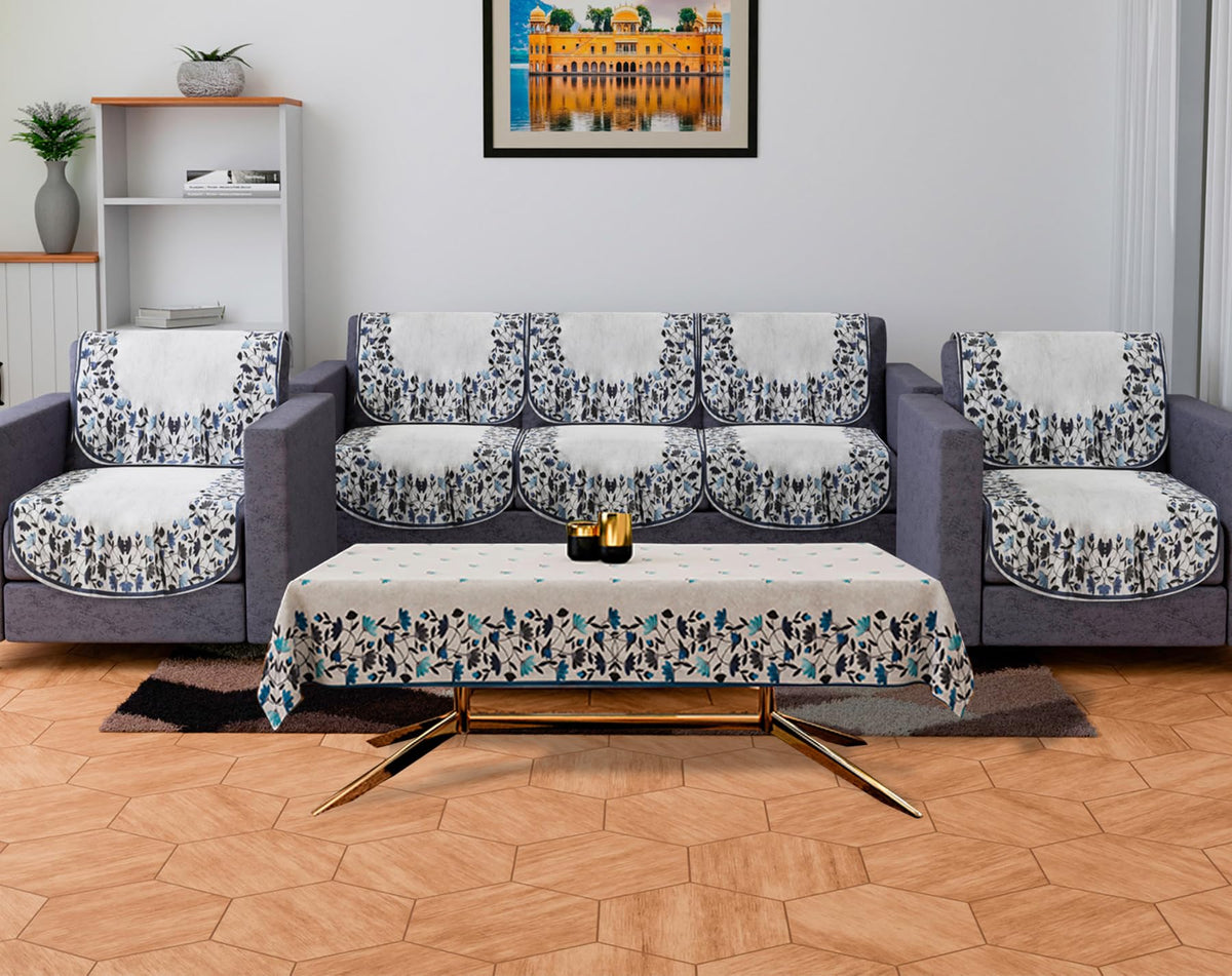 Heart Home Sofa Cover | Sofa & Center Table Cover Set | Blue Digital Leaf Sofa Cover with Table Cover | Velvet 5 Seater Sofa & Table Cover Set For Living Room | Gray