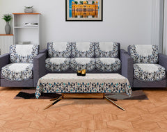 Heart Home Sofa Cover | Sofa & Center Table Cover Set | Blue Digital Leaf Sofa Cover with Table Cover | Velvet 5 Seater Sofa & Table Cover Set For Living Room | Gray