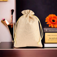 Heart Home Potli | Zari Wedding Potli | Drawstring Closure Potli | Wallet Potli | Christmas Gift Potli | Baby Shower Potli | Traditional Shagun Potli | 7x9 Inch | Medium | Pack of 4 | Golden