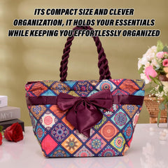 Kuber Industries Hand Purse | Polyester Hand Bag | Woman Shoulder Bag | Top Handle Handbag | Gifting Hand Purse | Ladies Tote Purse | Bow Rangoli Printed Handbag | Wine