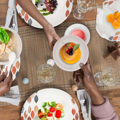 Kuber Industries 32 Pieces Round Melamine Microwave & Dishwasher Safe Dinnerware Kitchen Crockery Set | Glossy Dinner Sets & Kitchen Set for Home | Stylon Leaf Dots - White