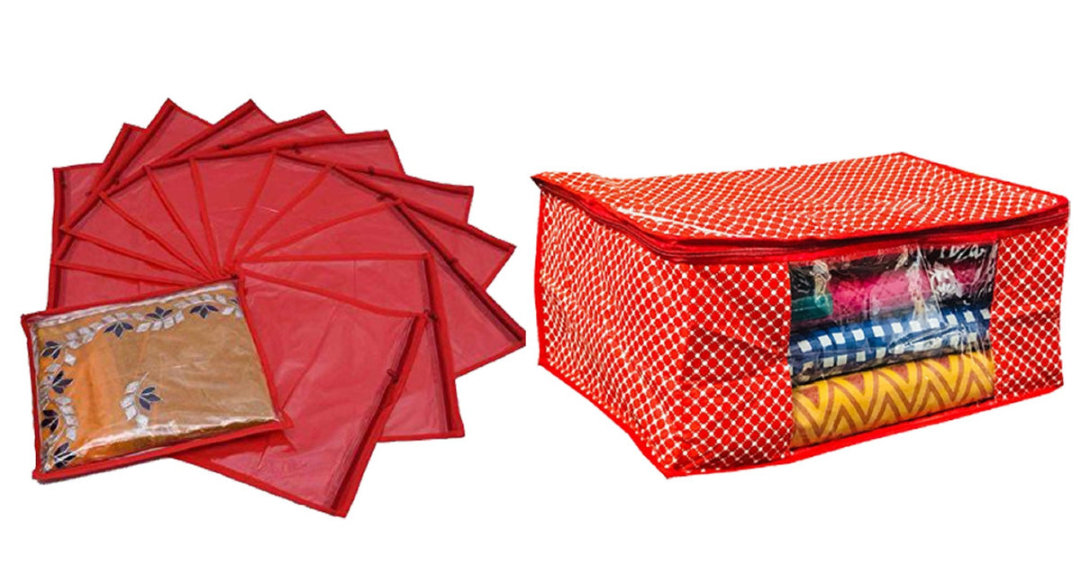 Kuber Industries 12 Piece Cotton Saree Cover, Red