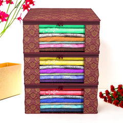 Heart Home Saree Cover | Zip Closure Saree Cover | Clothes Storage Bag | Wardrobe Organizer | Transparent Window Saree Cover | Golden Printed | 9 Inch | Pack of 3 | Maroon