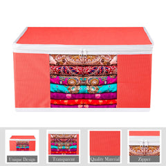 Heart Home Saree Cover | Zip Closure Saree Cover | Clothes Storage Bag | Wardrobe Organiser for Suit | Transparent Window Saree Cover | Plain-White Border | 9 inch | Pack of 9 | Red