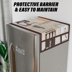 Heart Home Fridge Top Cover | Fridge Top Cover with Pockets | Refrigerator Cover for Kitchen | Reversable Fridge Top Cover with 6 Utility Pockets | Kettle-Design Fridge Cover | Brown