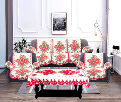 Kuber Industries Flower Design Cotton 5 Seater Sofa Cover Set with 6 Pieces Arms Cover and 1 Center Table Cover (Set of 17, White & Pink, Standard)