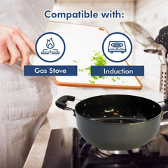 Heart Home 2.4L Aluminium Non-Stick Kadai for Cooking with Riveted Bakelite Handle & Lid | Deep Fry Cookware Wok for Kitchen | Kadhai Induction Base for Cooking Chinese | Black