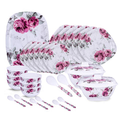 Kuber Industries 31 Pieces Square Unbreakable Microwave & Dishwasher Safe Melamine Dinnerware Kitchen Crockery Set | Glossy Dinner Sets & Kitchen Set for Home | Pink Floral - White