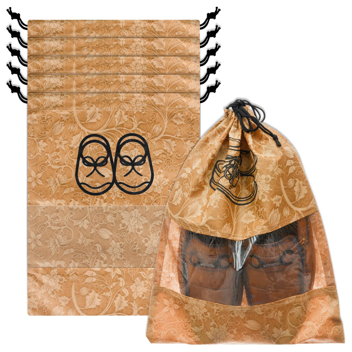 Heart Home Shoe Cover | Travel Shoe Storage Bags | Non-Woven Storage Bags | Shoe Cover with Drawstring | Shoe Organizer with Clear window | Flower-Design | Pack of 6 | Brown