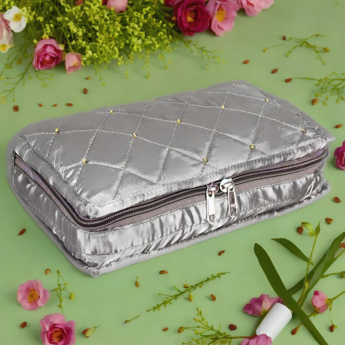 Heart Home Makeup Storage Bag | Vanity Organizer | Makeup Pouch | Pendant Organizer | Cosmetic Kit for Travel | 6 Pouch Organizer | Moti Jewellery Organizer | Large | Gray