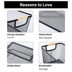 Heart Home Metal Mesh basket for storage with wooden handle | 440 gm | Fruit basket for Kitchen | Kitchen Organizer | Baskets for organizing home and kitchen | Multipurpose | Black