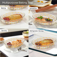 Urbane Home 700 ml Borosilicate Printed Glass Baking Tray | Transparent Microwave Oven Safe Utensils | Oval Bread Moulds for Baking | Dishwasher Safe | Multipurpose use Serving Tray