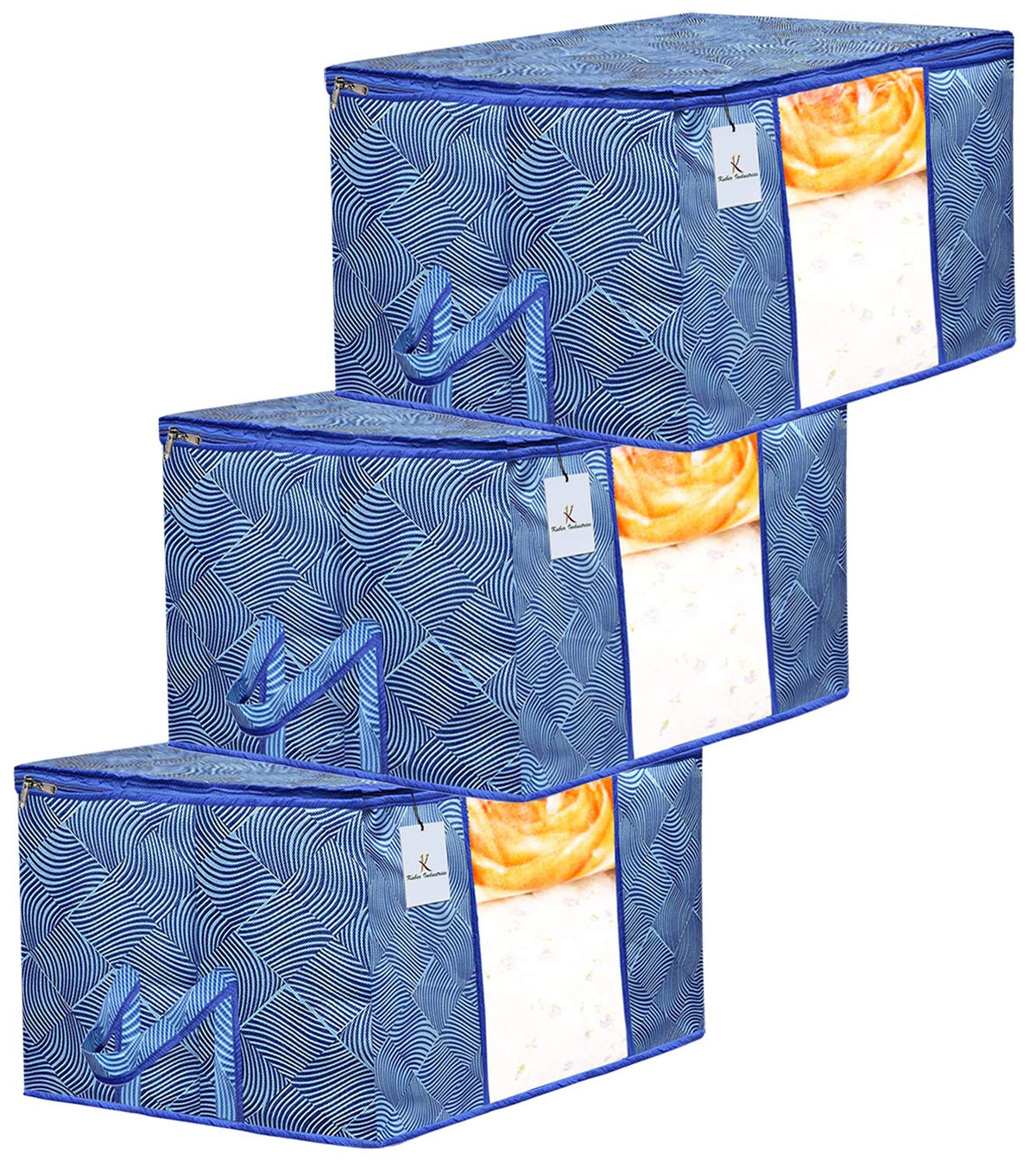 Kuber Industries Lahariya Print Underbed Storage Bag|Non-Woven Comforter, Blanket Cover|Premium Zipper With Side Handles|Multi-purpose Storage Organiser|Pack of 3 (Blue)