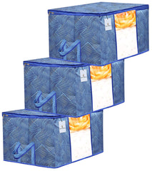 Kuber Industries Lahariya Print Underbed Storage Bag|Non-Woven Comforter, Blanket Cover|Premium Zipper With Side Handles|Multi-purpose Storage Organiser|Pack of 3 (Blue)