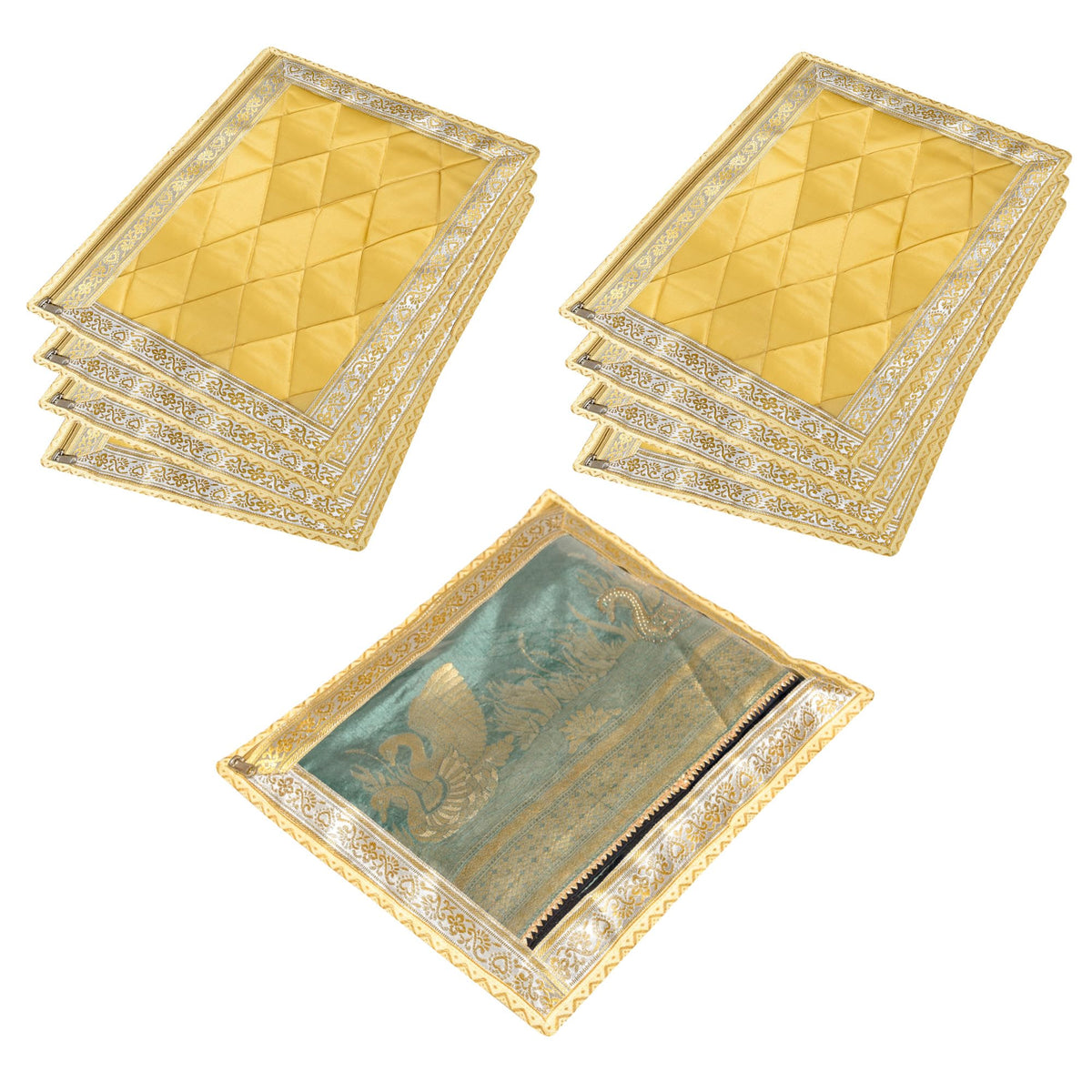 Heart Home Saree Cover | Clothes Storage Bag | Single Packing Saree with Zip Closure | Wardrobe Organizer | Cloth Stoarge Organizer | 4 Side Lace Saree Cover | Pack of 9 | Golden