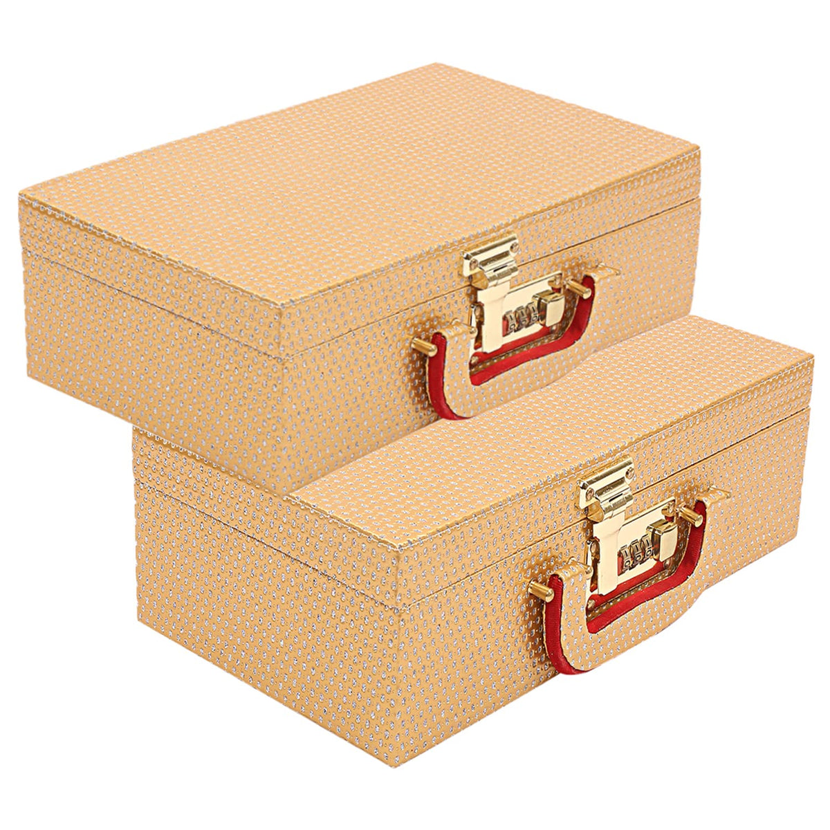 Kuber Industries Multipurpose Wooden Glitter Dot Design 2 Rod Bangle Box/Organizer/Case With Mirror & Number Lock System - Pack of 2 (Gold)-47KM0599