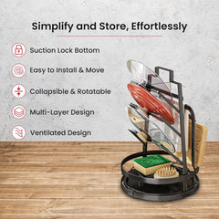 Kuber Industries 3 Layer Pot Lid Holder with Removable Drain Tray| Lid Stand Rack|Heavy Duty Standing Pot Lid Holder|Cooking Pot Lid Organizer|Spoon Rest Holder Pack of 3 (Black)