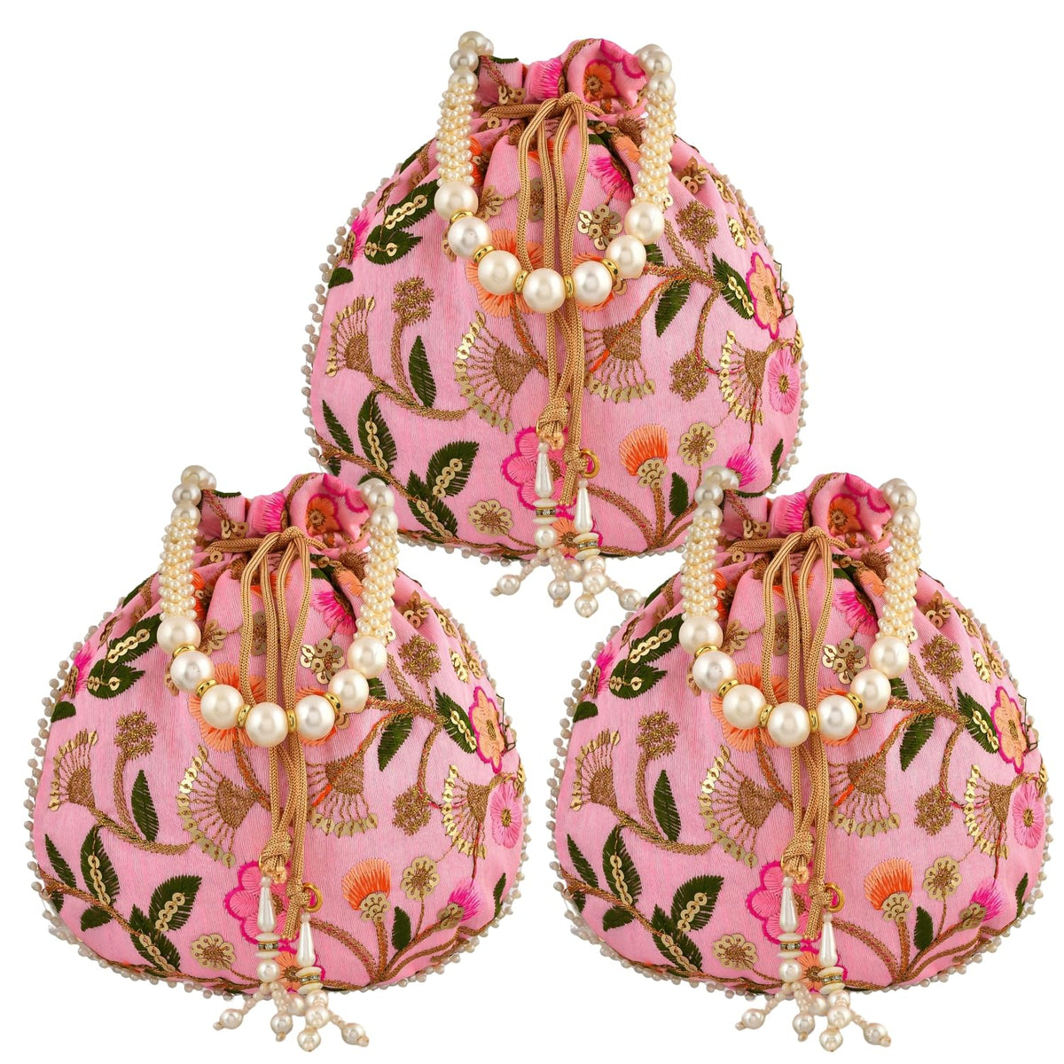Kuber Industries Potli|Silk Wedding Potli|Christmas Gift Potli|Baby Shower Potli|Traditional Shagun Potli|Drawstring with Beads Handle Potli|New Flower Embroidery Potli|Pack of 3|Pink
