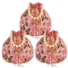 Kuber Industries Potli|Silk Wedding Potli|Christmas Gift Potli|Baby Shower Potli|Traditional Shagun Potli|Drawstring with Beads Handle Potli|New Flower Embroidery Potli|Pack of 3|Pink