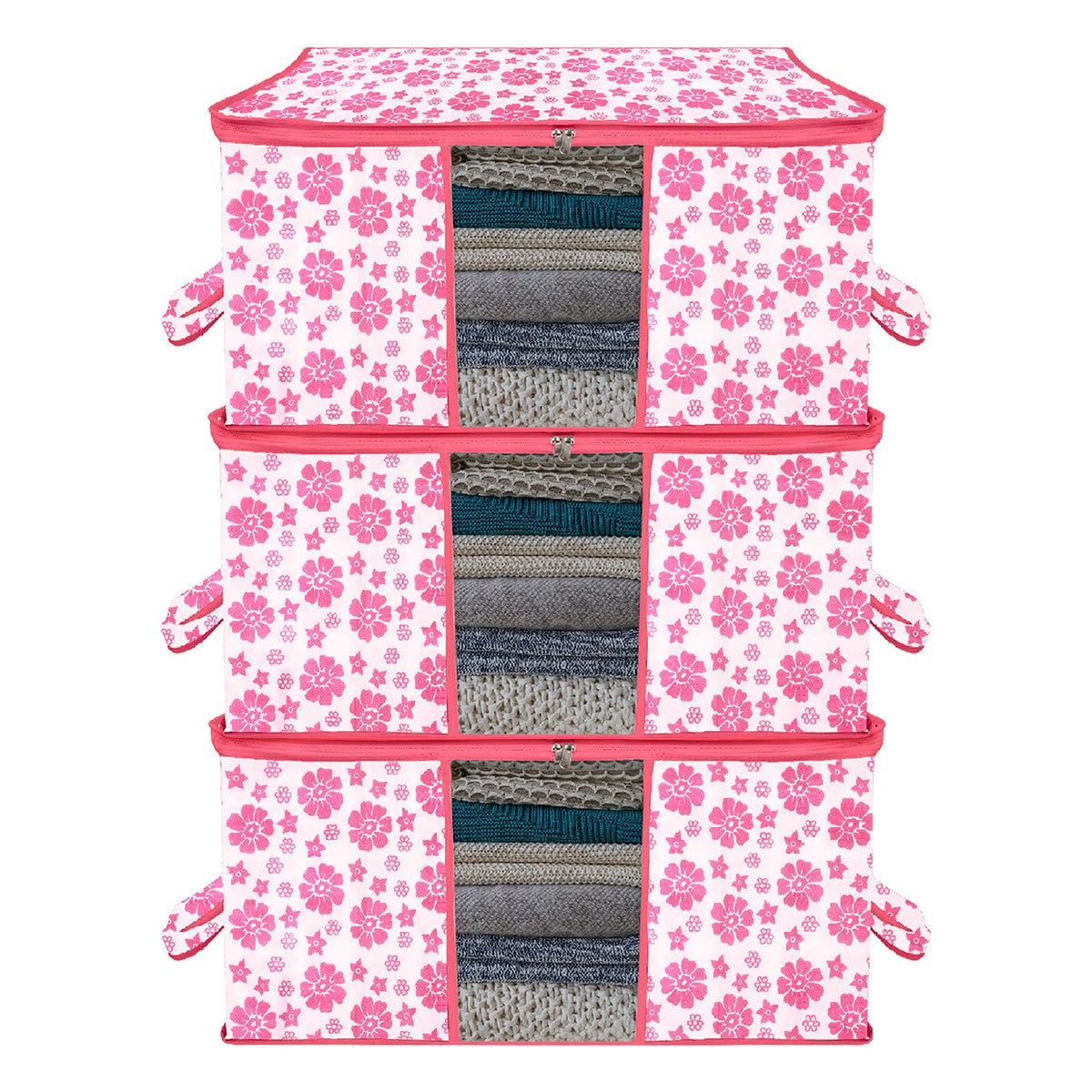 Heart Home Underbed Storage Bag | Clothes Storage Organizer | Blanket Cover with Clear Window | Zipper Closure & Handle Cloth Organizer | Flower-Design | Large | Pack of 3 | Pink