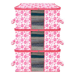 Heart Home Underbed Storage Bag | Clothes Storage Organizer | Blanket Cover with Clear Window | Zipper Closure & Handle Cloth Organizer | Flower-Design | Large | Pack of 3 | Pink