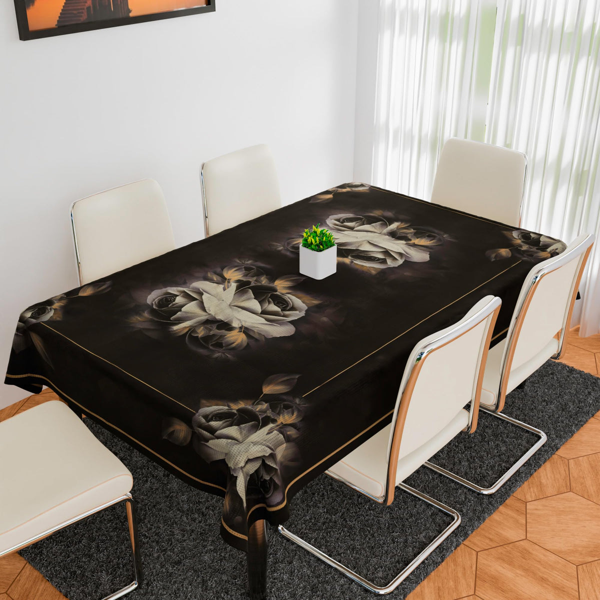 Heart Home Dining Table Cover | Tabletop Cover | Table Buffet Cover | Table Linen Cover | 6-Seater Table Cloth | Table Cloth Cover | Gulab Painting | DTC | 60x90 Inch | Brown