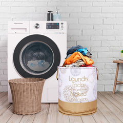Heart Home Laundry Basket | Non-Woven Round Laundry Basket | Clothes Storage Hamper | Foldable Laundry Bag with Handle | Toy Storage Basket | Gola-Print | 45 LTR | White