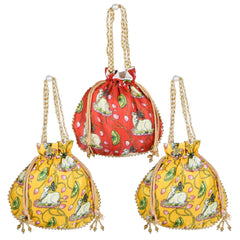 Heart Home Potli|Silk Wedding Potli|Wallet Potli|Christmas Gift Potli|Baby Shower Potli|Traditional Shagun Potli|Drawstring with Beads Handle Potli|Cow-Design Patli Potli|Pack of 3|Multi