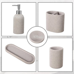 Urbane Home 5-Piece Polyresin Bathroom Accessories Set |Toothbrush Holder, Soap Dispenser, Tumbler, Tray | Accessories for Bathroom & Kitchen | Moisture-Resistant & Scratch-Proof | Khaki