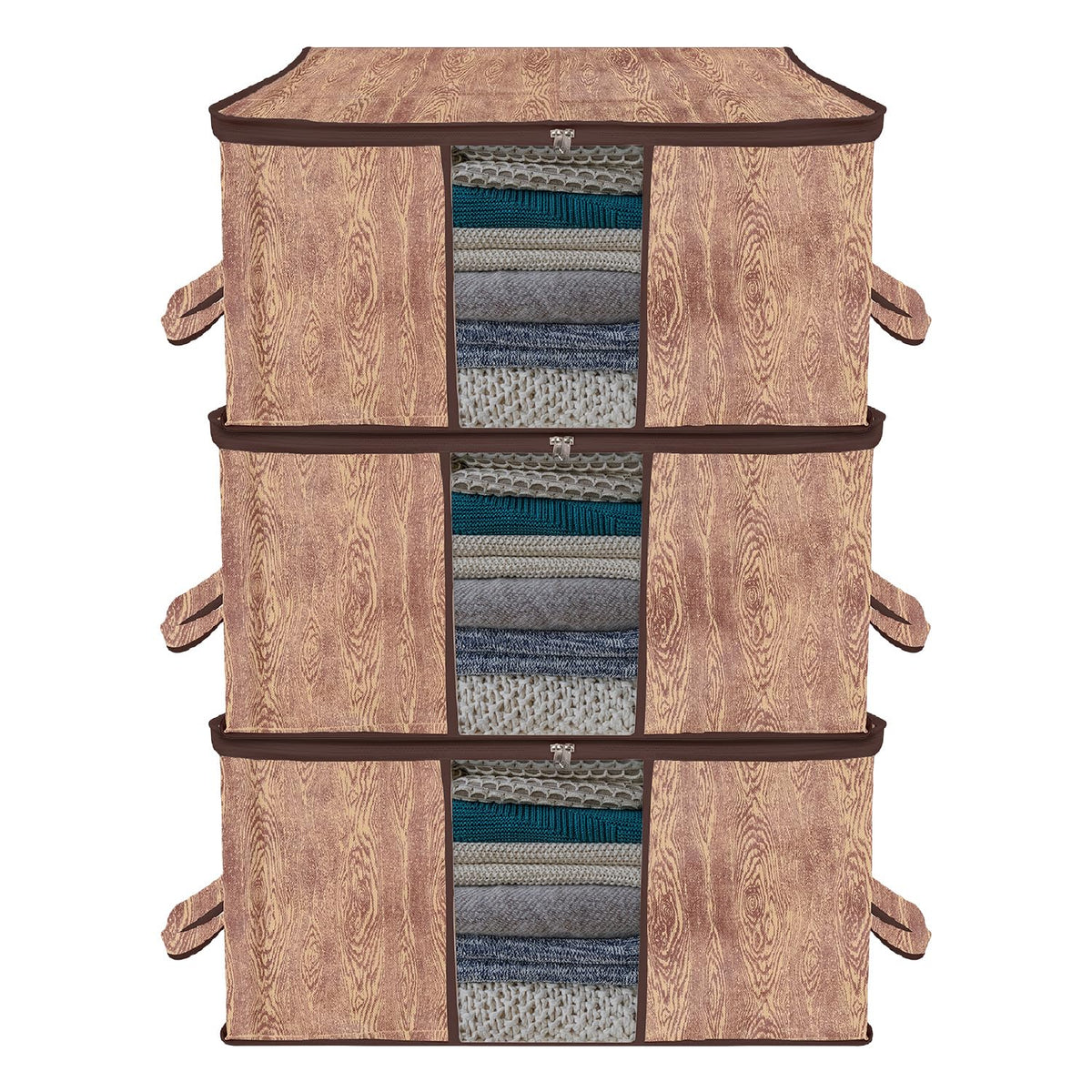 Heart Home Underbed Storage Bag | Clothes Storage Organizer | Blanket Cover with Clear Window | Zipper Closure & Handle Cloth Organizer | Wooden Texture-Design | Large | Pack of 3 | Brown