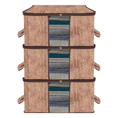 Heart Home Underbed Storage Bag | Clothes Storage Organizer | Blanket Cover with Clear Window | Zipper Closure & Handle Cloth Organizer | Wooden Texture-Design | Large | Pack of 3 | Brown