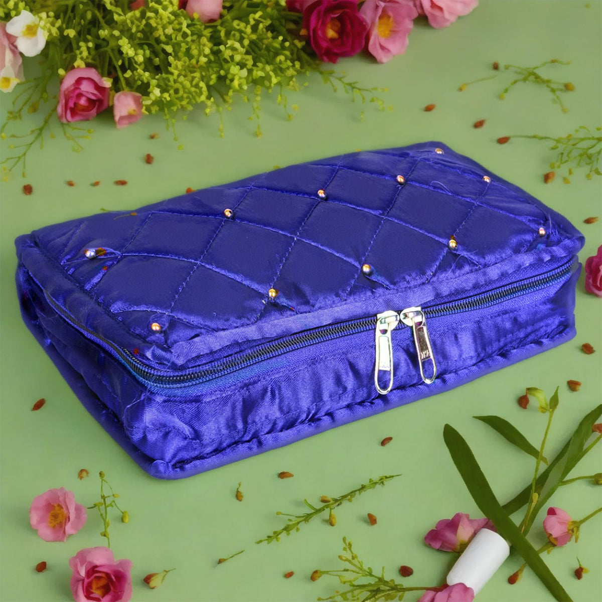 Heart Home Makeup Storage Bag | Vanity Organizer | Makeup Pouch | Pendant Organizer | Cosmetic Kit for Travel | 6 Pouch Organizer | Moti Jewellery Organizer | Large | Blue