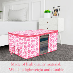 Heart Home Underbed Storage Bag | Clothes Storage Organizer | Blanket Cover with Clear Window | Zipper Closure & Handle Cloth Organizer | Flower-Design | Large | Pack of 3 | Pink