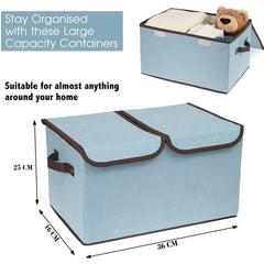 Kuber Industries Double Lid Foldable Storage Box|Toys Storage Bin|Wardrobe Organizer For Clothes|Front Handle & Stackable Pack Of-3 (Blue)