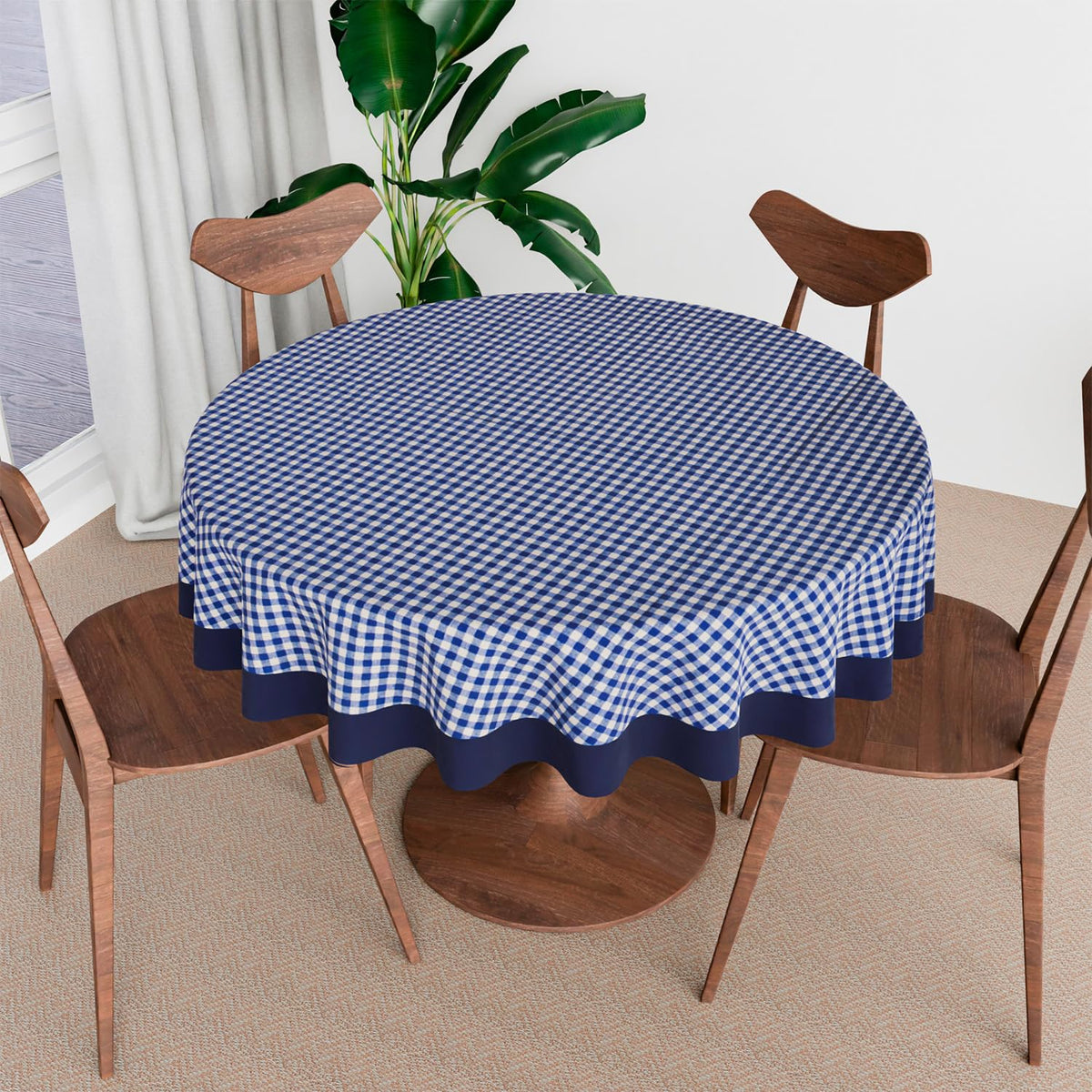 Heart Home Round Table Cover | Cotton Table Cloth for Round Tables | 4 Seater Round Table Cloth | Barik Check Kitchen Dining Tablecloth | Tabletop Cover | 60 Inch | Blue
