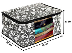 Kuber Industries Metalic Flower Print 12 Piece Non Woven Fabric Saree Cover/Clothes Organiser For Wardrobe Set with Transparent Window, Extra Large (Black)-KUBMART16527