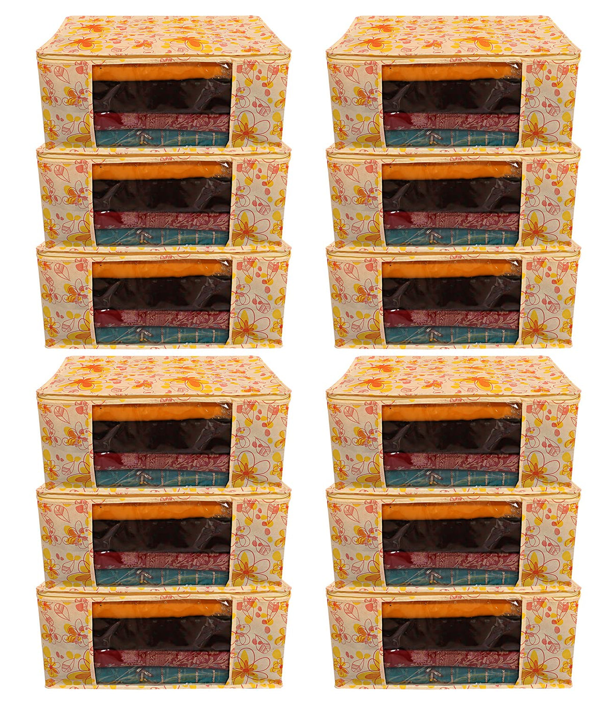 Heart Home Flower Design Non-woven Sarees, Clothes Cover/Organizer With Transparent Window- Pack of 12 (Yellow)-44HH0400