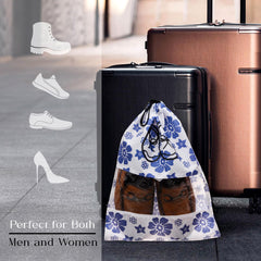 Heart Home Shoe Cover | Travel Shoe Storage Bags | Non-Woven Storage Bags | Shoe Cover with Drawstring | Shoe Organizer with Clear window | Blue Flower-Design | Pack of 24 | White