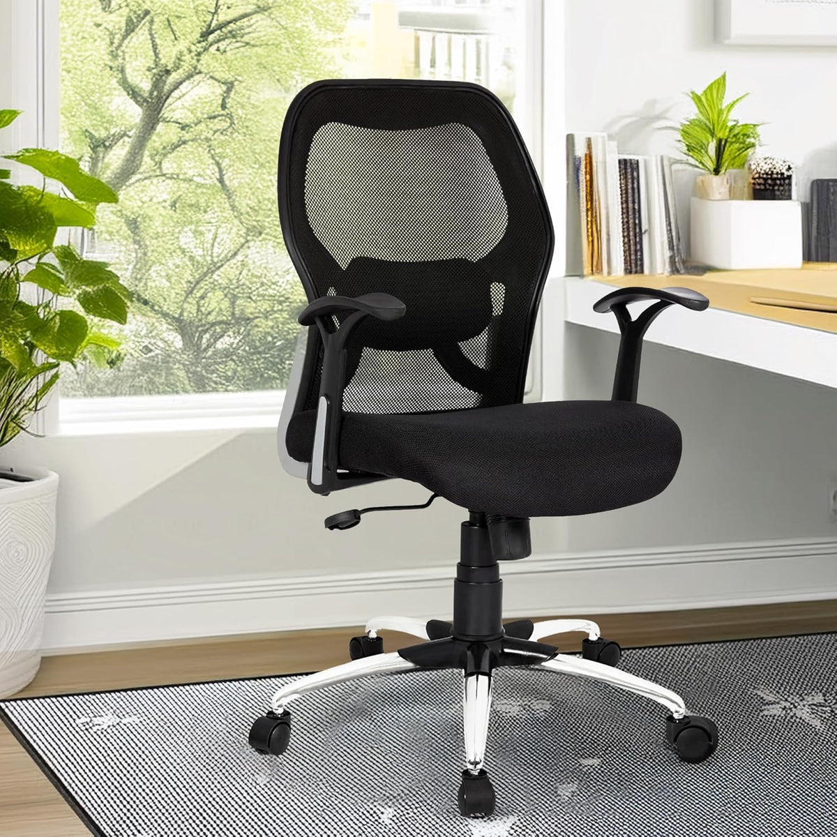 Kuber Industries Ergonomic Office Chairs for Work From Home | Comes with Manual Height Adjustable, Armrest, Headrest & 2D Lumbar Support | Comfy Study Chair for Students with Wheels | Black