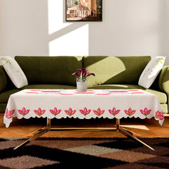 Kuber Industries Center Table Cover | Cotton Pink Flower Pattern Table Cover | Luxurious Net Tablecloth | Tea Table Cover for Living room | 40x60 Inch | Cream