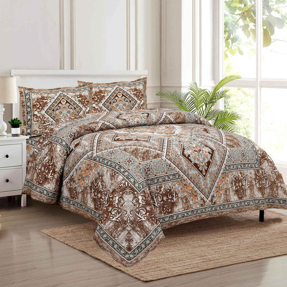 Kuber Industries Double Bedsheet with 2 Pillow Covers | 186 TC Premium Cotton Bedsheet for Double Bed | Bedsheet for Living Room-Home & Hotels | Arabic Beauty Flower Square | 100x108 Inch | Brown