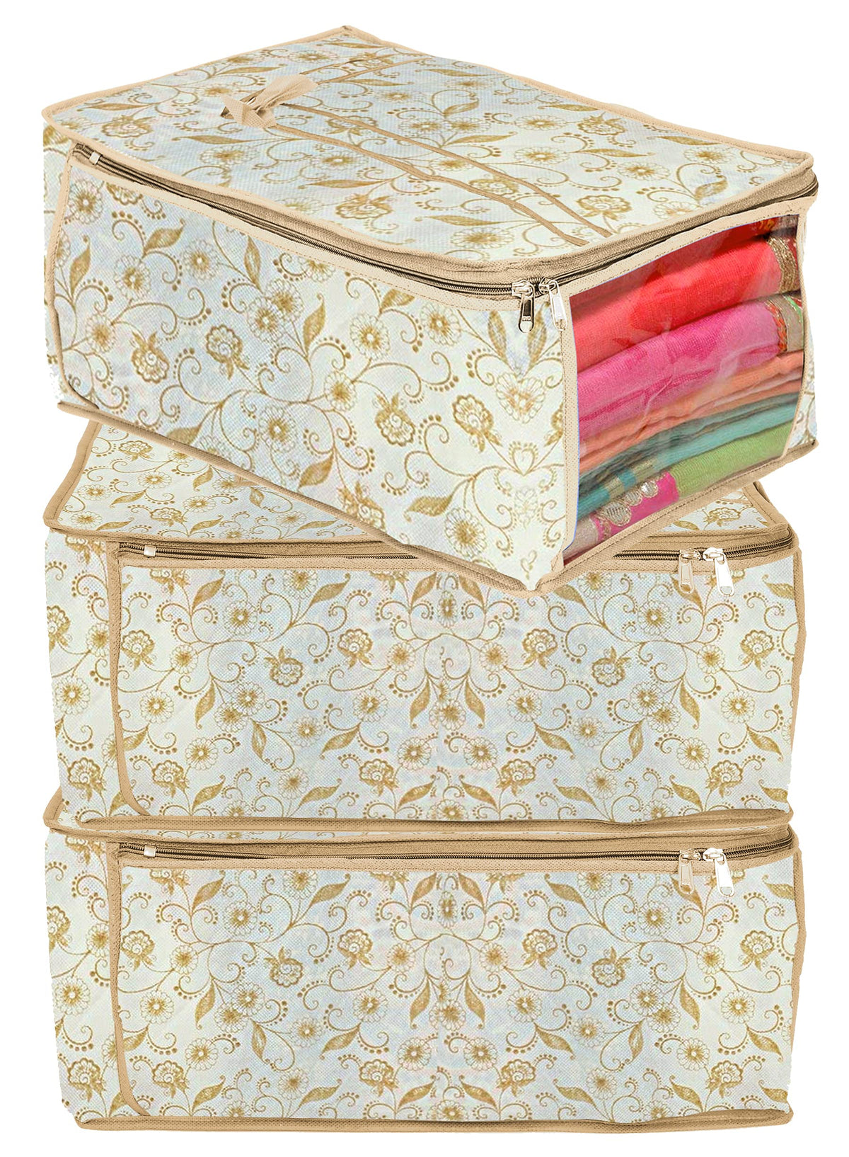 Kuber Industries Metalic Leaf Print 3 Piece Non Woven Fabric Saree Cover Set with Transparent Window, Extra Large (Brown)
