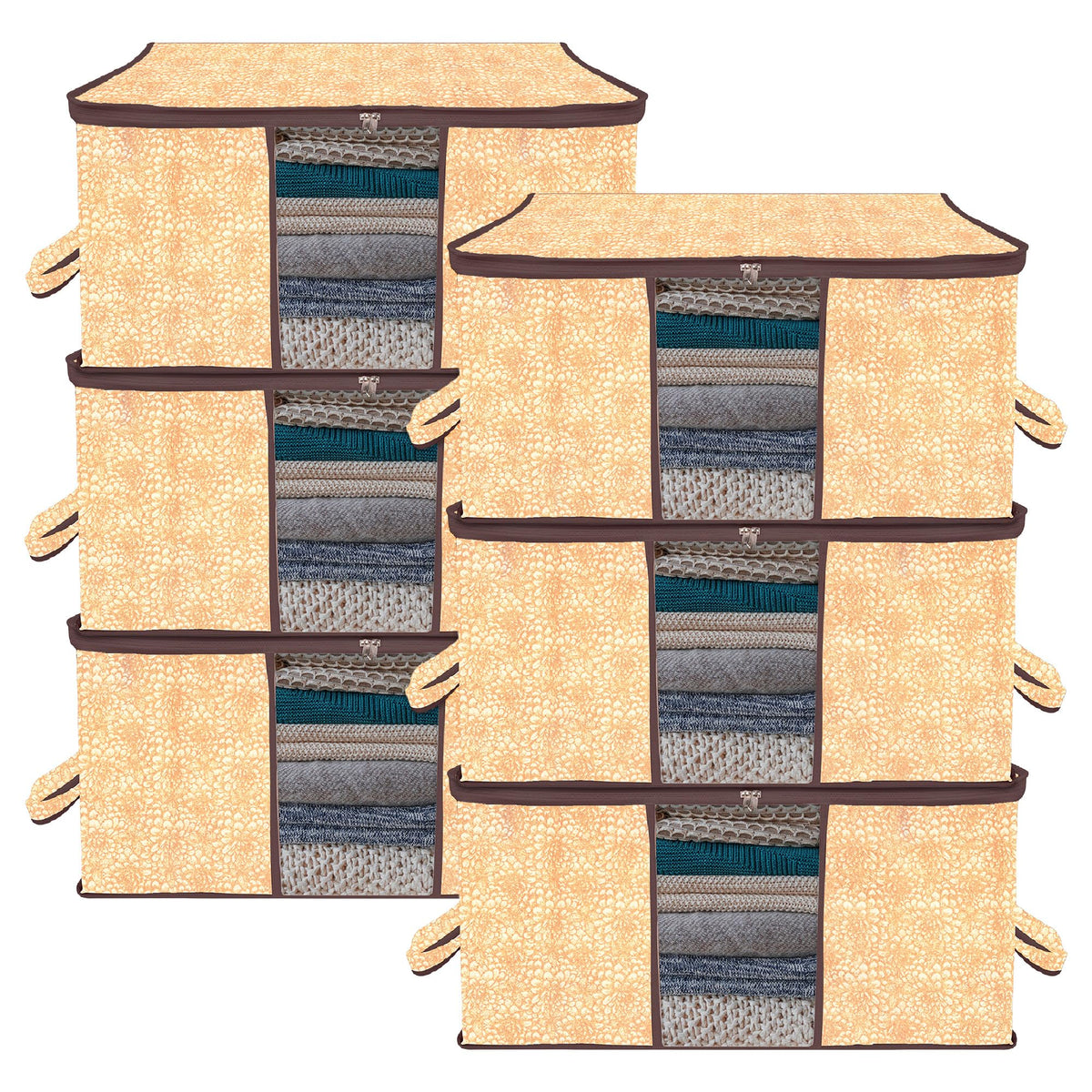 Heart Home Underbed Storage Bag | Clothes Storage Organizer | Blanket Cover with Clear Window | Zipper Closure & Handle Cloth Organizer | Flower-Design | Large | Pack of 6 | Brown