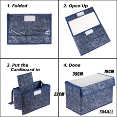 Kuber Industries Drawer Storage Box|Clothes Drawer Organizer with Handle|Transparent Lid with Velcro|Wardrobe Organizer for Books|Flower Printed Dhakkan Storage Box|Small|Navy Blue