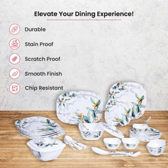 Kuber Industries 31 Pcs Square Unbreakable Microwave & Dishwasher Safe Melamine Dinnerware Kitchen Crockery Set | Glossy Dinner Sets & Kitchen Set for Home | Blue Flower - White