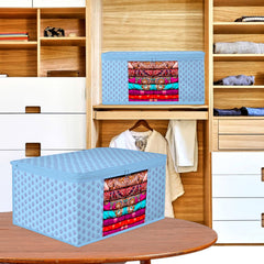 Heart Home Saree Cover | Zip Closure Saree Cover | Clothes Storage Bag | Wardrobe Organiser | Transparent Window Saree Cover | Floral-Design | 9 inch | Pack of 12 | Blue