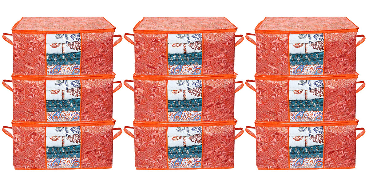 Heart Home Lahariya Design Non-woven Foldable Underbed/Storage Bag/Wardrobe Organizer With Transparent Window- Pack of 9 (Orange)-44HH0505