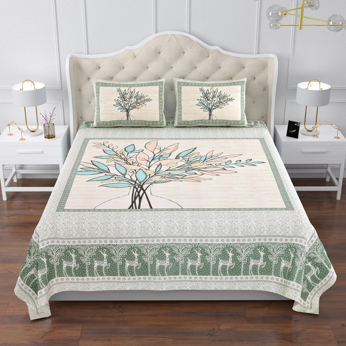 Heart Home Double Bedsheet with 2 Pillow Covers | 160 TC Premium Cotton Bedsheet for Double Bed | Bedsheet for Living Room-Home & Hotels | Photo Frame Tree | 100x108 Inch | Green