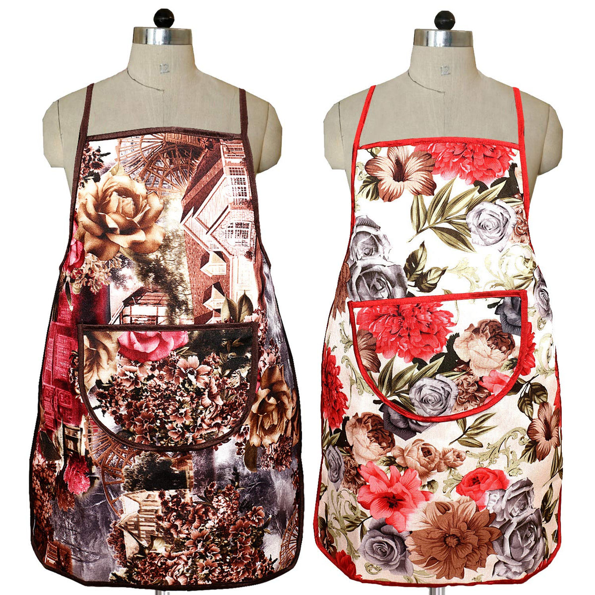 Kuber Industries Flower Design Jute 2 Pieces Waterproof Kitchen Apron with Front Pocket (Maroon & Brown) - CTKTC040370