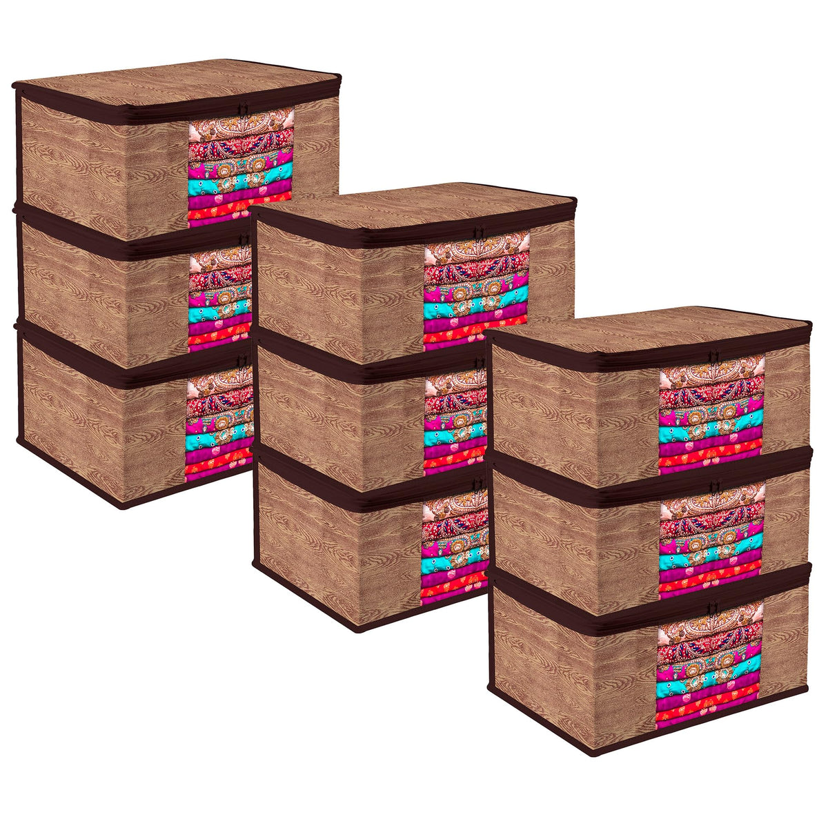 Heart Home Saree Cover | Zip Closure Saree Cover | Clothes Storage Bag | Wardrobe Organiser | Transparent Window Saree Cover | Wodden Texture-Design | 9 inch | Pack of 9 | Brown